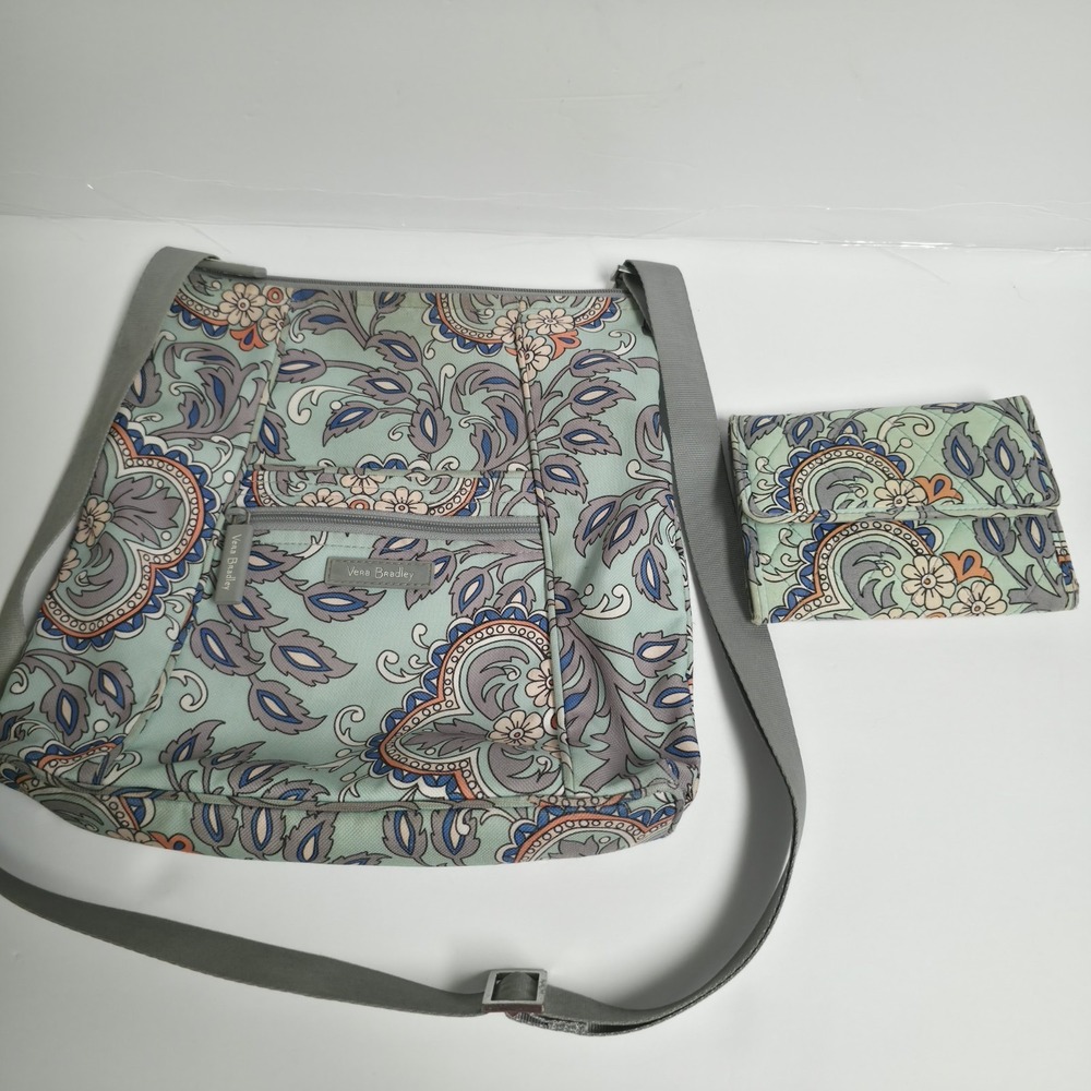 Vera Bradley Hipster Crossbody Bag Purse & Matching Wallet Set Fan Flowers Teal
